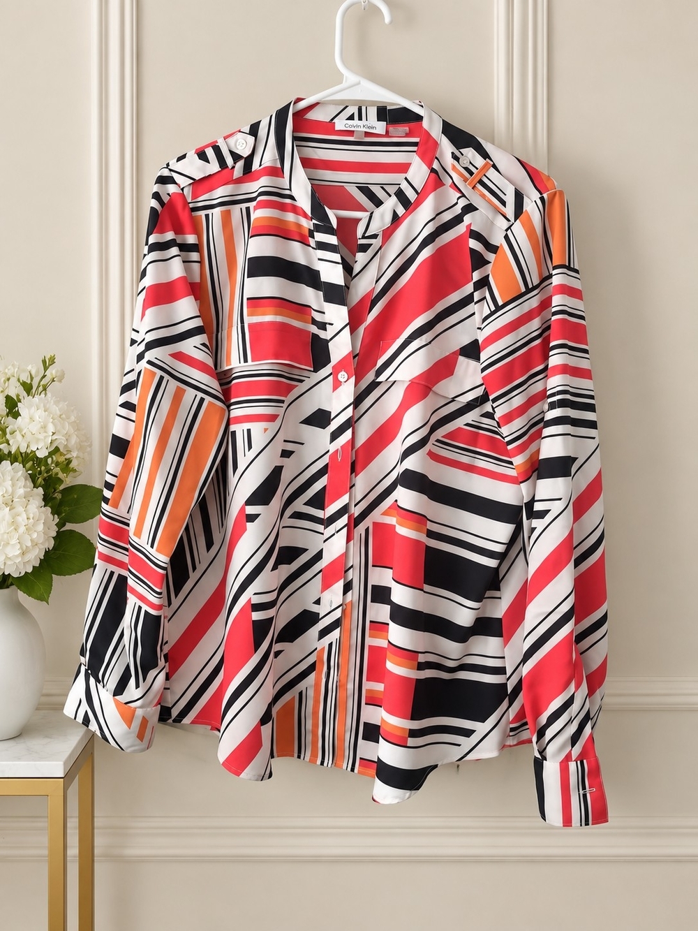 Calvin Klein Coral, Black & Orange Geometric Stripe Blouse